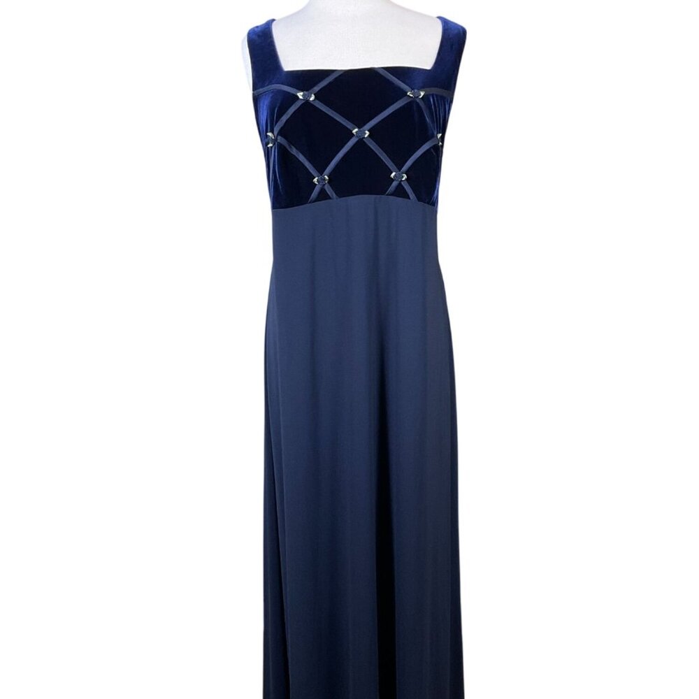 Betsy & Adam By Jaslene Navy Crepe & Velvet Sleeveless Gown Ribbon Accents 18W